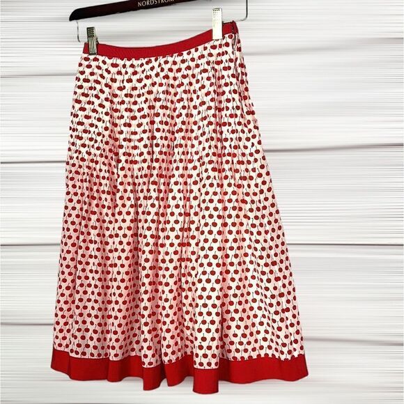 Oscar De La Renta Red & Cream Cherry Print Silk Pleated Skirt size US 00 - Picture 2 of 11